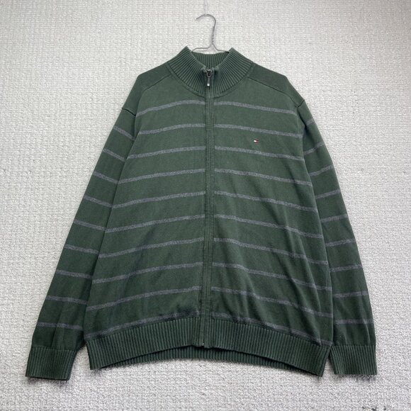 Tommy Hilfiger Men's Full Zip Sweater Jacket Size XL Forest Green Striped Casual - Picture 1 of 14